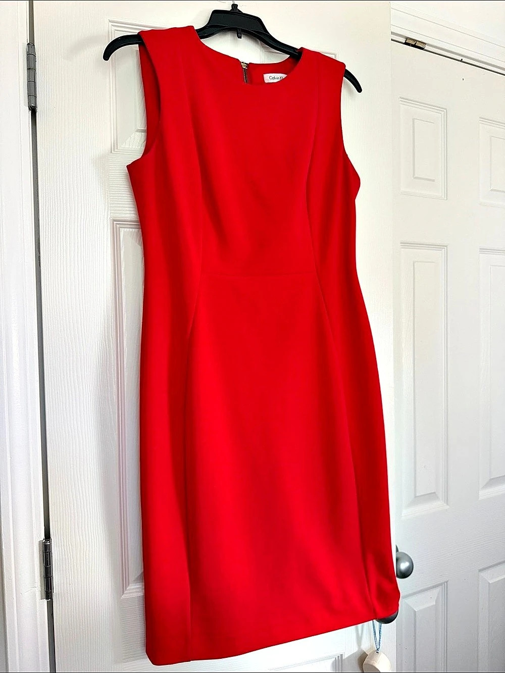 Calvin Klein Sleeveless Exposed Gold-Zip Sheath Dress Red Midi